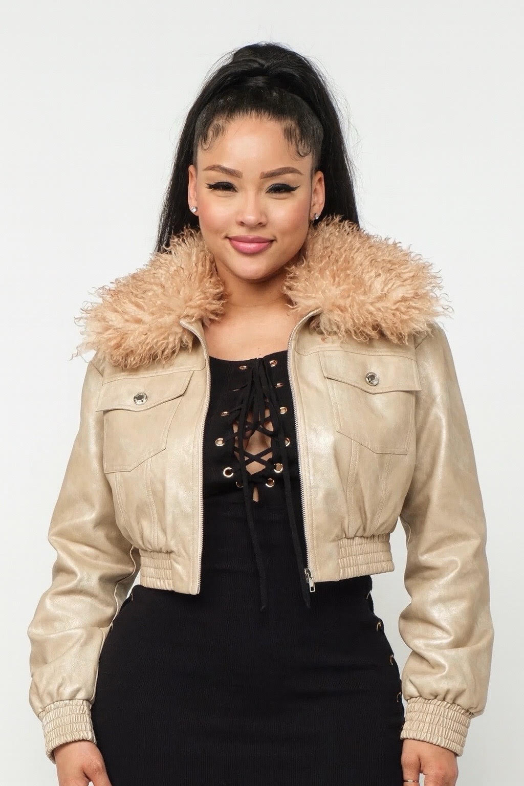 Faux Leather Cropped Bomber Jacket | Belle Desire